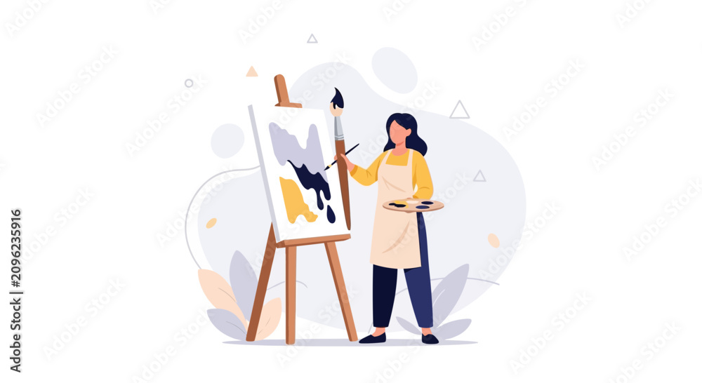Fototapeta premium Artist Painting on Easel with Palette, Creative Hobby and Art Class Concept, Flat Design Illustration