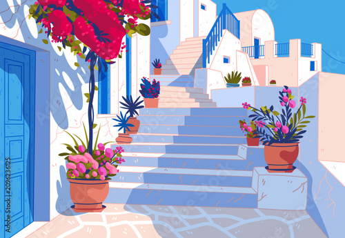 Oia Santorini Greece white Cycladic architecture blue doors stairs vibrant potted flowers sunlit Mediterranean street scene travel