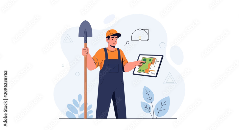 Fototapeta premium Landscaper or Surveyor with Tablet and Shovel, Planning and Design