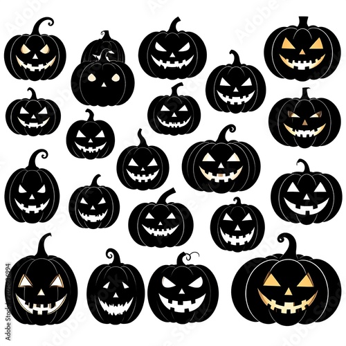 A collection of 19 black and orange jack-o'-lanterns with various faces