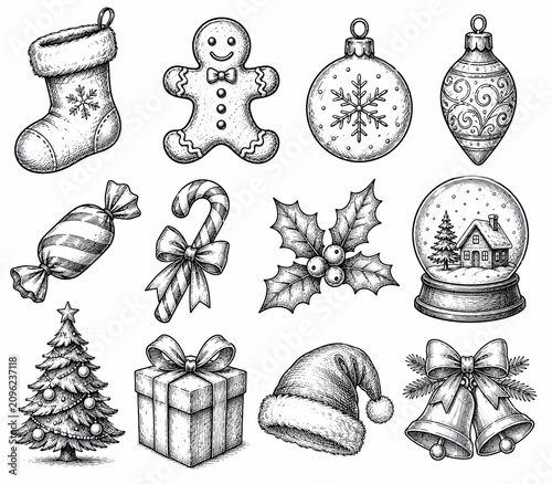 Set of hand drawn christmas icons and festive holiday celebration items isolated on white background