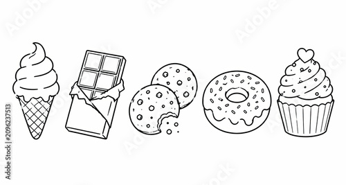 Set of sweet dessert food icons including ice cream cookie and cupcake isolated on white background