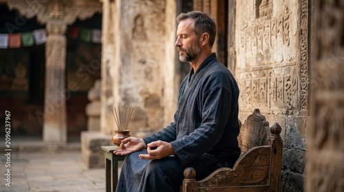 Man meditating outdoors in a courtyard