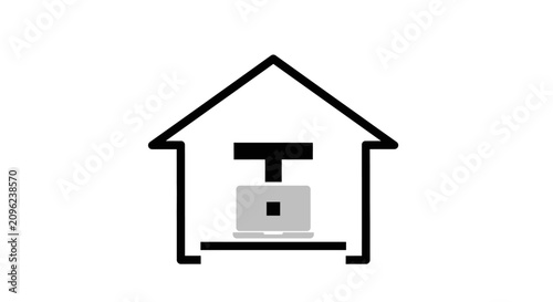A simple black line icon showing a laptop computer inside a house structure