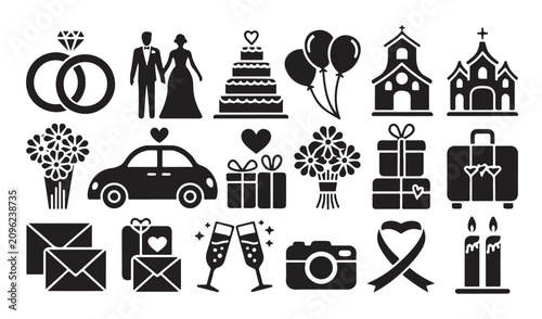 Φωτογραφία Elegant wedding event icons showcasing floral arrangements rings and romantic atmosphere set