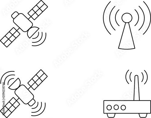 Wireless Communication and Network Technology Line Art Icon Set