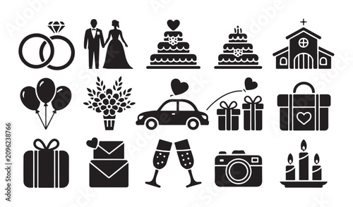 Foto Wedding icon collection for marriage celebration events black silhouettes on transparent