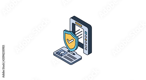An isometric illustration of a digital identity verification process with a shield