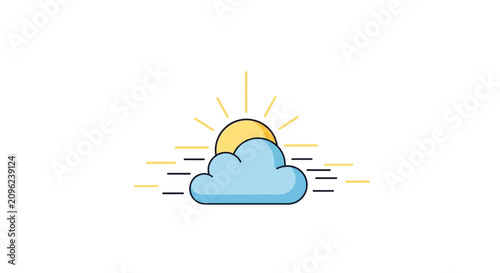 A simple flat vector icon showing a bright sun partially hidden by a blue cloud