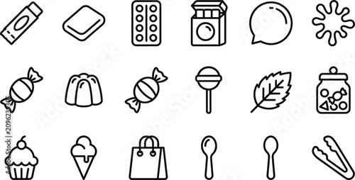 Bild auf Leinwand Candy and sweet shop line icon set containing lollipop wrapped caramel chewing g