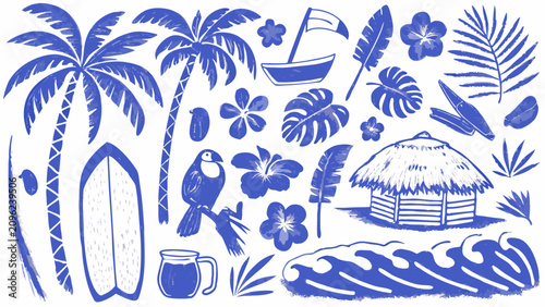 Photos Tropical elements illustration a blue sketch featuring palm trees flowers a touc