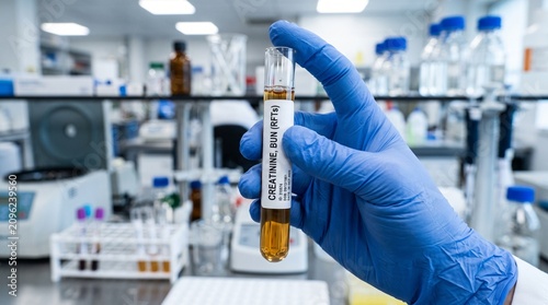 Creatinine BUN urine sample in test tube held by gloved hand, medical laboratory technician performing diagnostic testing, clinical biochemistry analysis