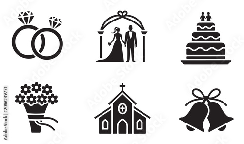 Foto Wedding icons set including rings arch cake bouquet church and bells in flat vector style