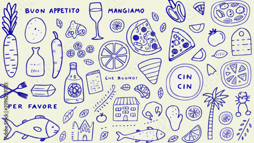 Foto Italian food sketches with lemons fish and pizza a blue line art vector illustra