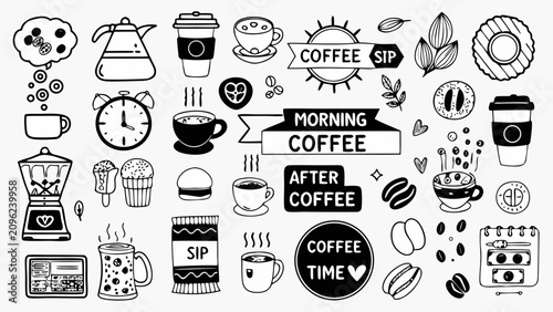Bilde på lerret Coffee culture themed doodles and lettering a black and white vector illustratio