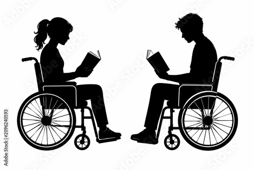 Man and woman sitting in wheelchairs reading books together in black isolated on white background