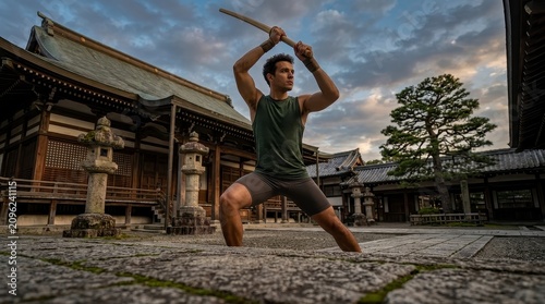 Man training martial arts with staff at temple