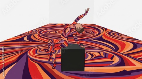 Dancer in striped bodysuit poses on a cube