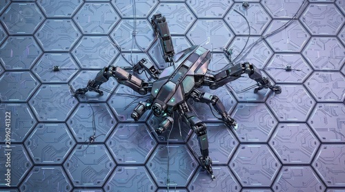 Sci-fi robotic spider on hexagonal grid