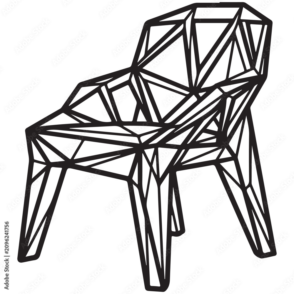 Obraz premium Geometric low poly chair vector illustration with black wireframe lines for modern furniture design