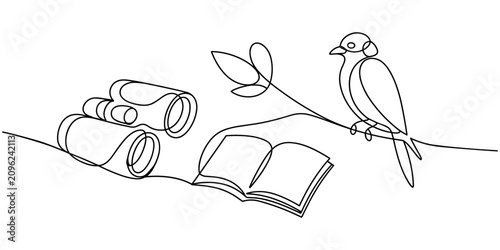 Canvastavla Bird Watching Binoculars Notebook and Branch Continuous One Line Drawing