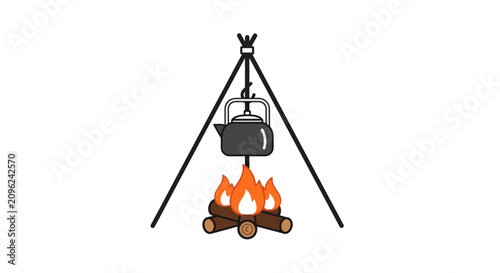 Картината върху платно A metal kettle hangs over a burning campfire on a tripod stand