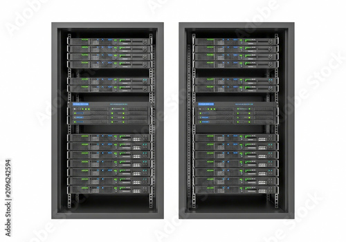Two server rack cabinets with network equipment in data center