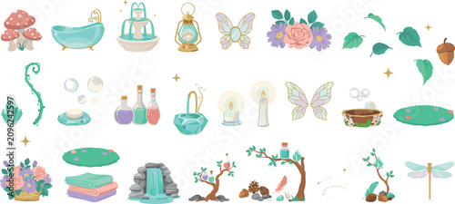 Whimsical fairytale garden vector element set featuring magical fairy wings, waterfall, mushroom cluster, secret glen bathtub, fountain, and enchanted forest spa items isolated on white background.