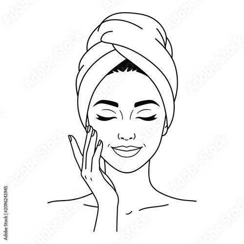 Woman with towel on head touching face smiling peacefully  beauty and skincare concept icon