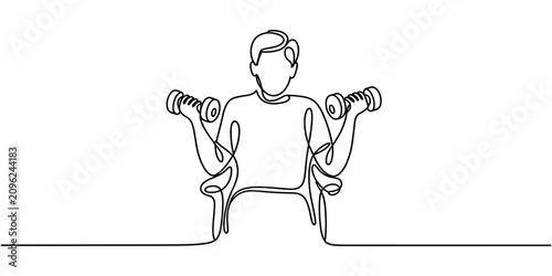 Elderly Chair Exercise With Dumbbells Continuous One Line Drawing