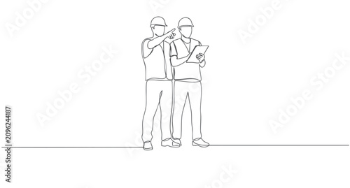   Minimal one line illustration of construction workers discussing a building project with a clipboard.