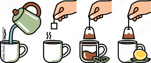 Fényképezés How to brew tea vector instruction steps with flat line illustrations of pouring