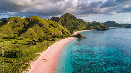 Scenic aerial view of Padar Island's famous pink beach and rolling green hills under a dramatic sky