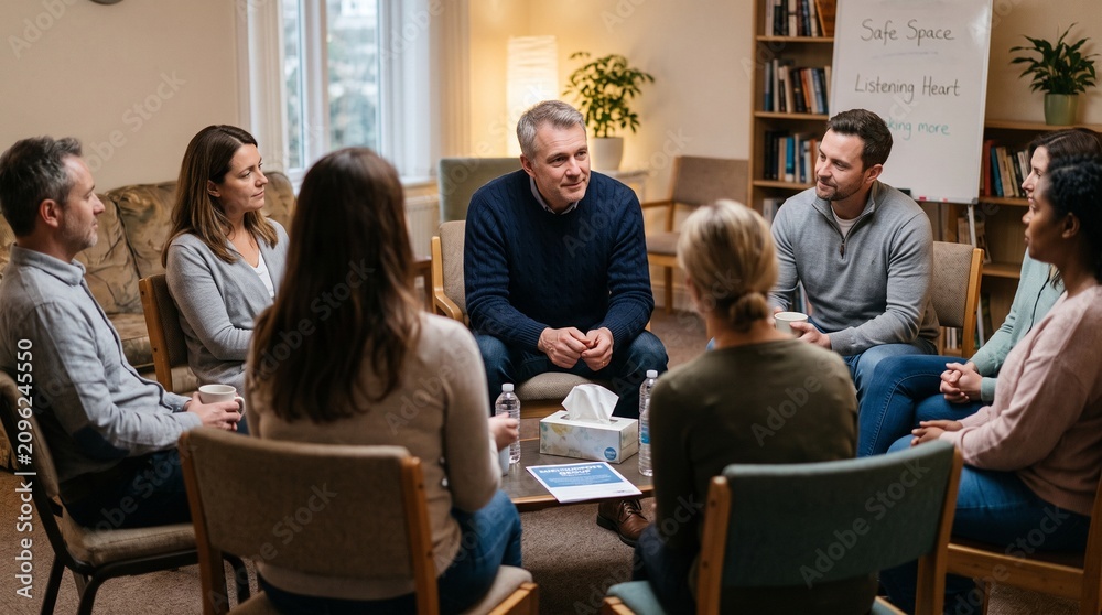 Obraz premium Diverse group of people in a circle session, sharing and listening attentively