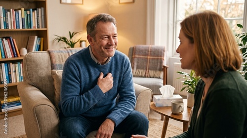 Emotional conversation between two adults in a cozy living room setting