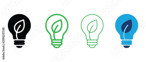 Eco friendly light bulbs with leaves inside for energy saving and environmental concept  green and blue icons