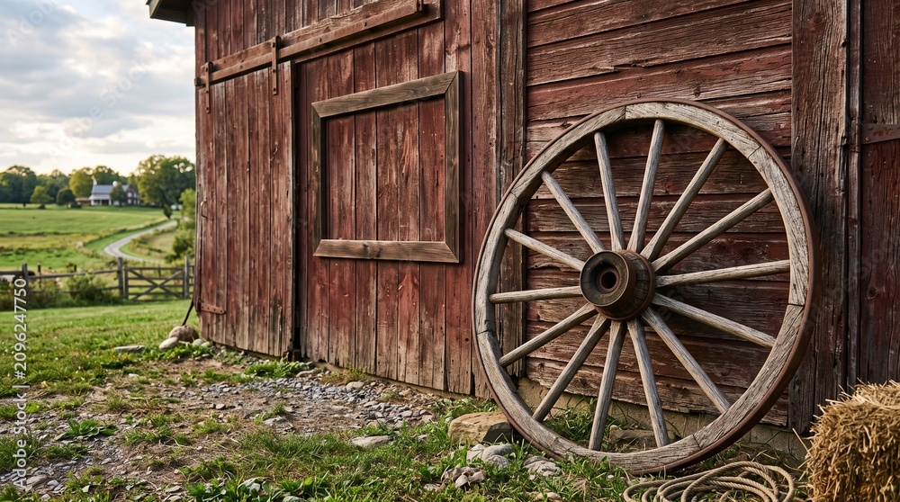 Obraz premium Old Wooden Wagon Wheel Leaning Against a Barn in a Rural Countryside Landscape