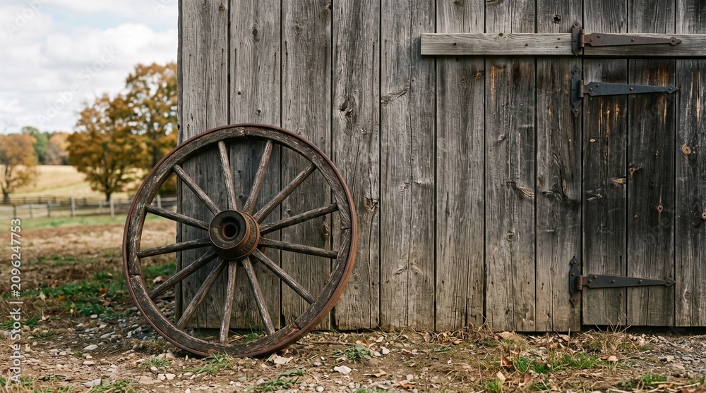 Obraz premium Old Wooden Wagon Wheel Leaning Against a Barn in a Rural Countryside Landscape