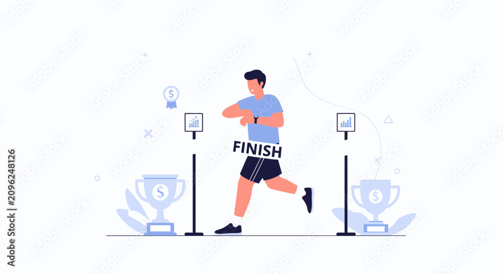 Fototapeta premium Runner Crossing Finish Line with Trophies, Charts, and Medals, Symbolizing Success and Achievement