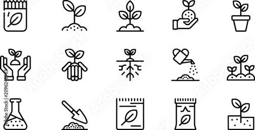 Gardening line icon vector set with seedling plant growth sprouts and agriculture tools outline symbols