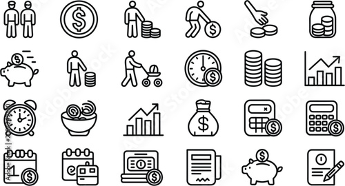  Finance line icon vector set with personal budget saving piggy bank and money growth outline symbols