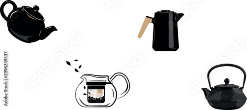 Fotografía Teapot vector icon set featuring flat illustrations of black ceramic kettle mode