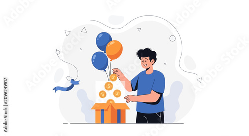 Young Man Donating Coins into Open Box with Balloons and Ribbon, Concept of Charity and Generosity
