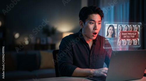 Stunned Asian Man Looking at Floating Hologram Reverse Image Search Result Realizing Fake Profile Catfish Scam