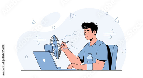 Young Man Working on Laptop in Heat, Cooling Himself with a Fan
