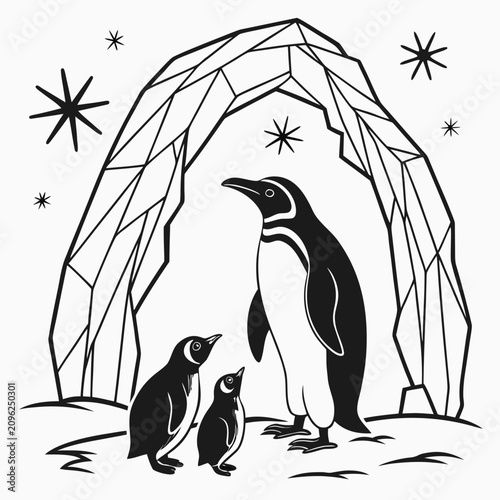 Fotografie Penguin family silhouette illustration standing under ice archway with antarctic