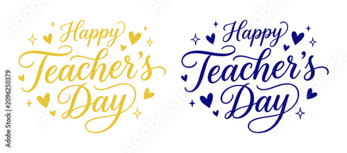 happy teacher's day lettering typography design with sparkles and heart icons