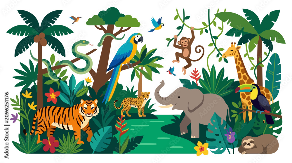 Fototapeta premium Vibrant Pixel Art Jungle Scene with Diverse Wildlife and Lush Foliage Detailed and Colorful Illustration