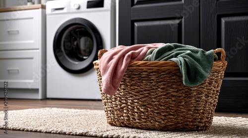 Wicker laundry basket filled with clothes in modern laundry room with washing machine in sharp focus for home maintenance and lifestyle marketing