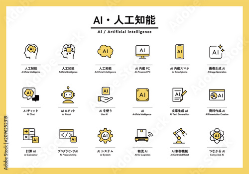 AI・人工知能のアイコンのセット　生成AI　ロボット　AIチャット　文章生成　資料　物流　システム